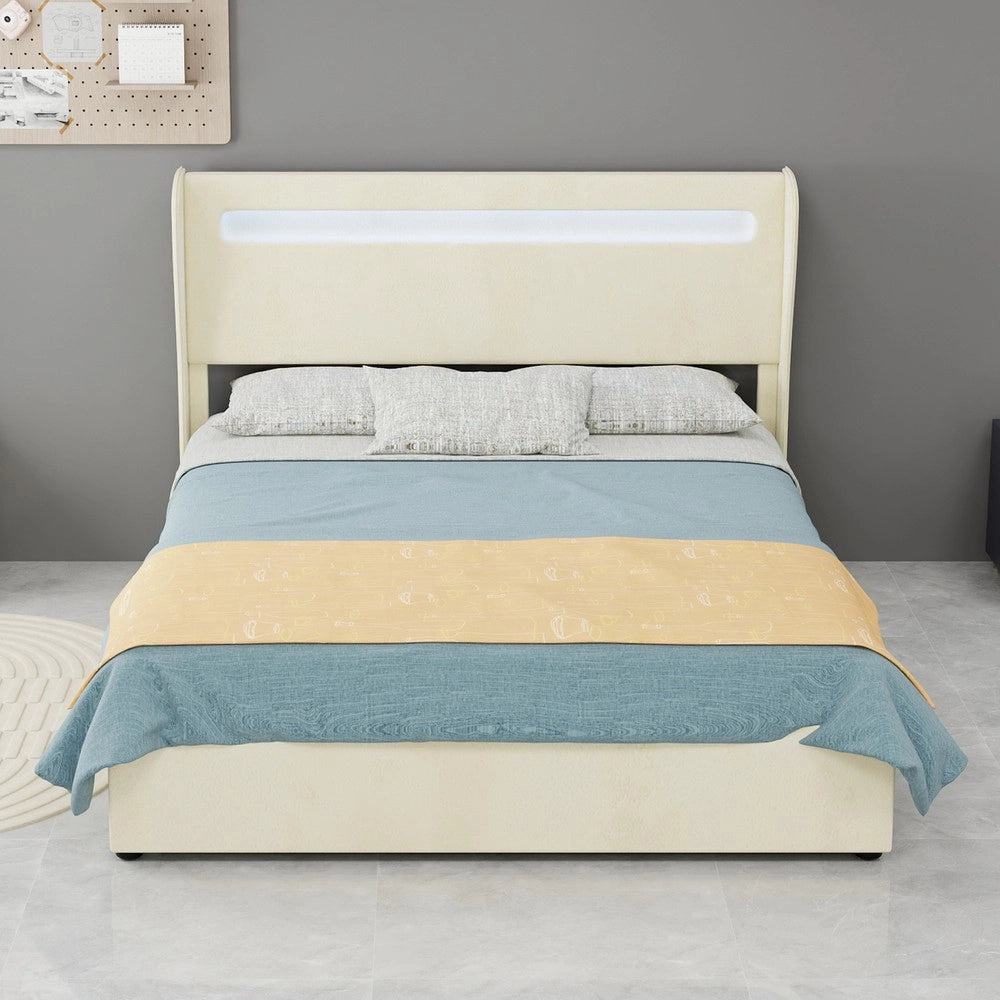 Letto Contenitore Imbottito con Testiera LED ¨C MINIMAL ¨C Velluto Beige 140x200