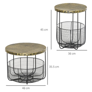 Set 2 Tavolini da Giardino in Metallo con Ceste Nero e Bronzo