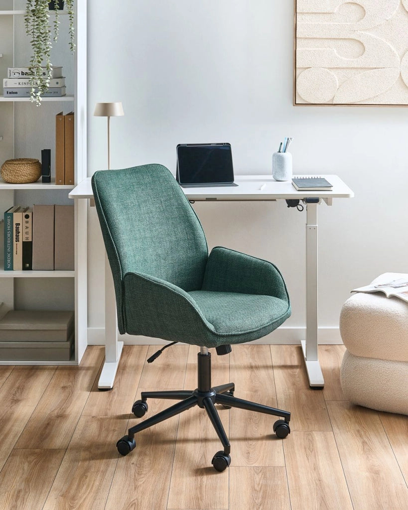 Sedia da ufficio verde scuro con rivestimento in finto lino, girevole, poltroncina da salotto, con regolazione dell'altezza del sedile