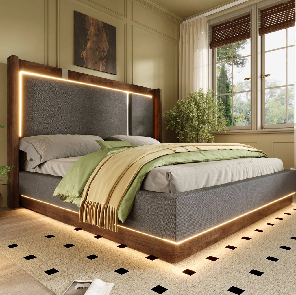Letto matrimoniale 140x200 cm imbottito con LED; contenitore idraulico; grigio e noce