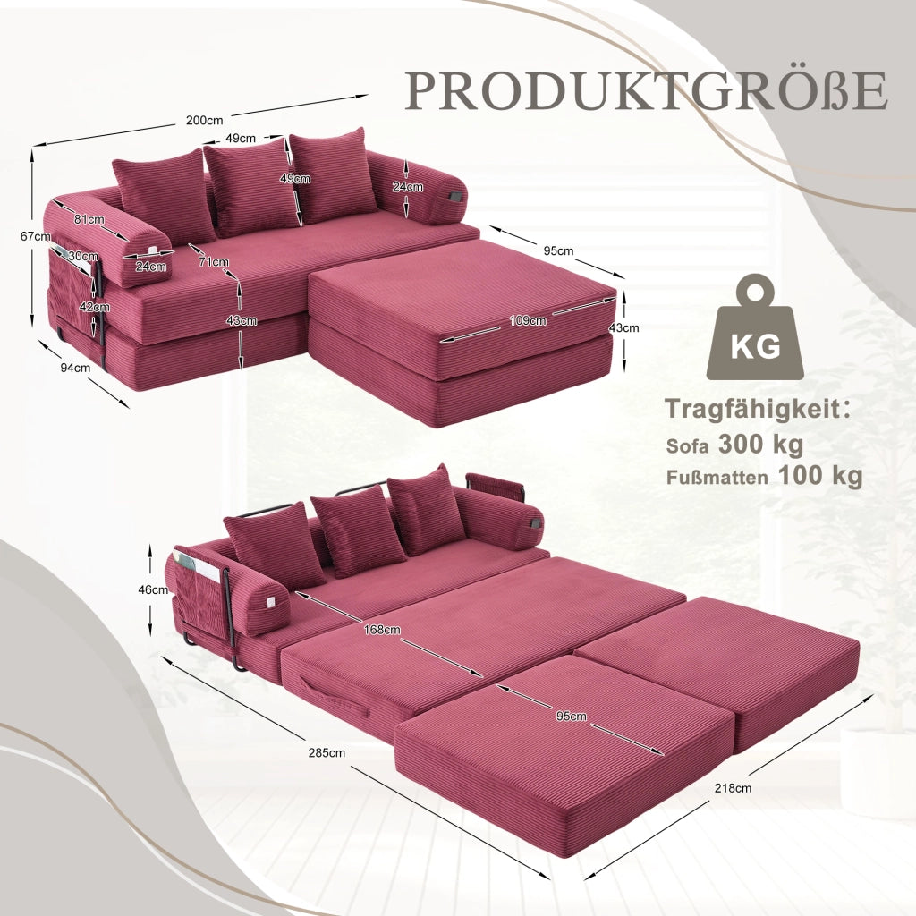 Divano modulare in corduroy con pouf e tasca laterale 200x190x67 cm; bordeaux vino