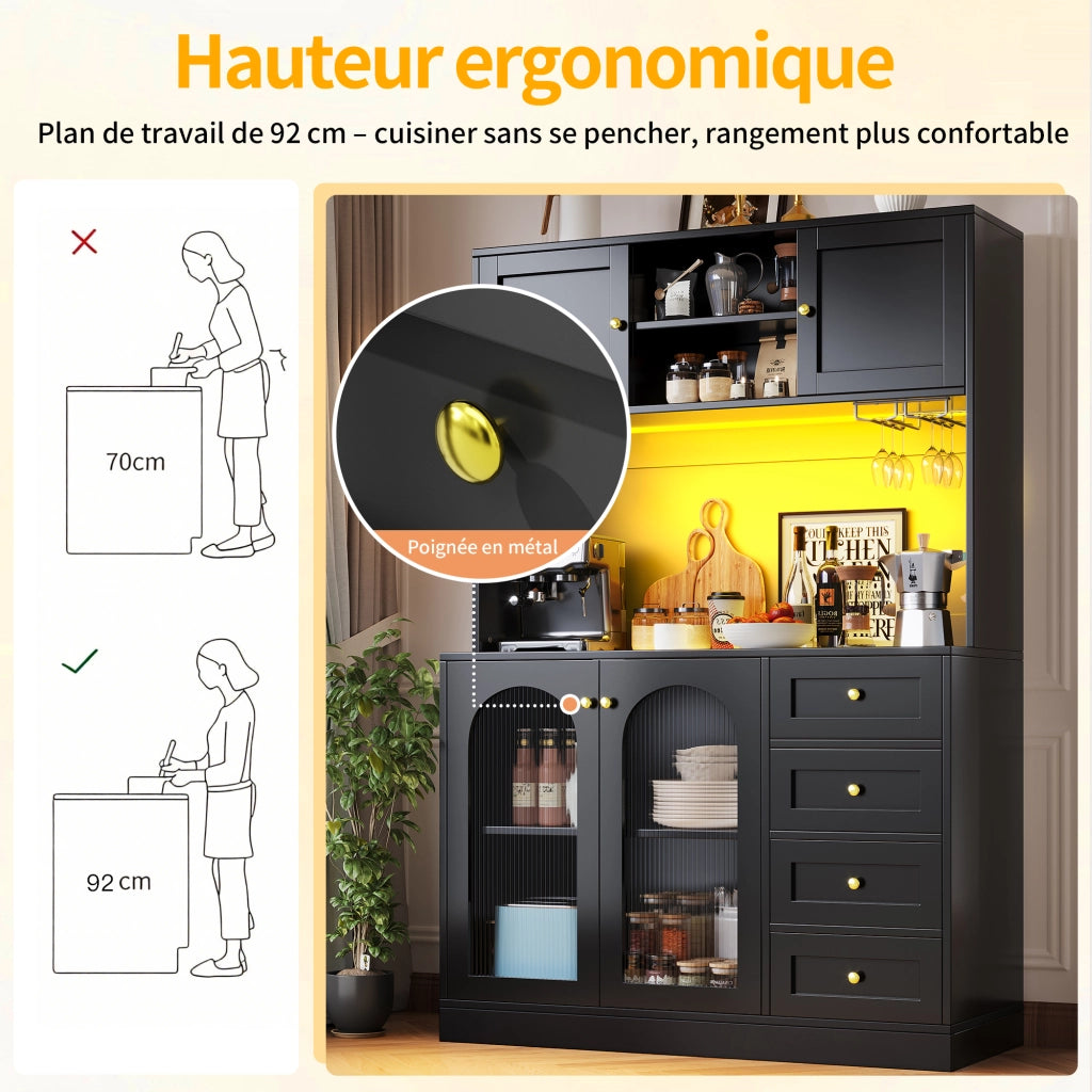 Credenza da Cucina Alta con 4 Ante; LED Regolabile e Vani Interni; in MDF Nero; 120 x 40 x 188 cm