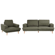 Set da salotto a 4 posti con divano in tessuto e poltrona braccioli svasati in stile moderno verde