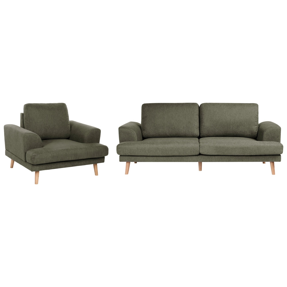 Set da salotto a 4 posti con divano in tessuto e poltrona braccioli svasati in stile moderno verde
