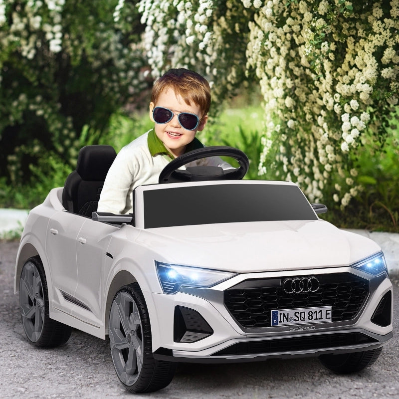 Auto elettrica per bambini, Audi Q8 12V, 3-5 km/h, telecomando, fari, musica, bianca