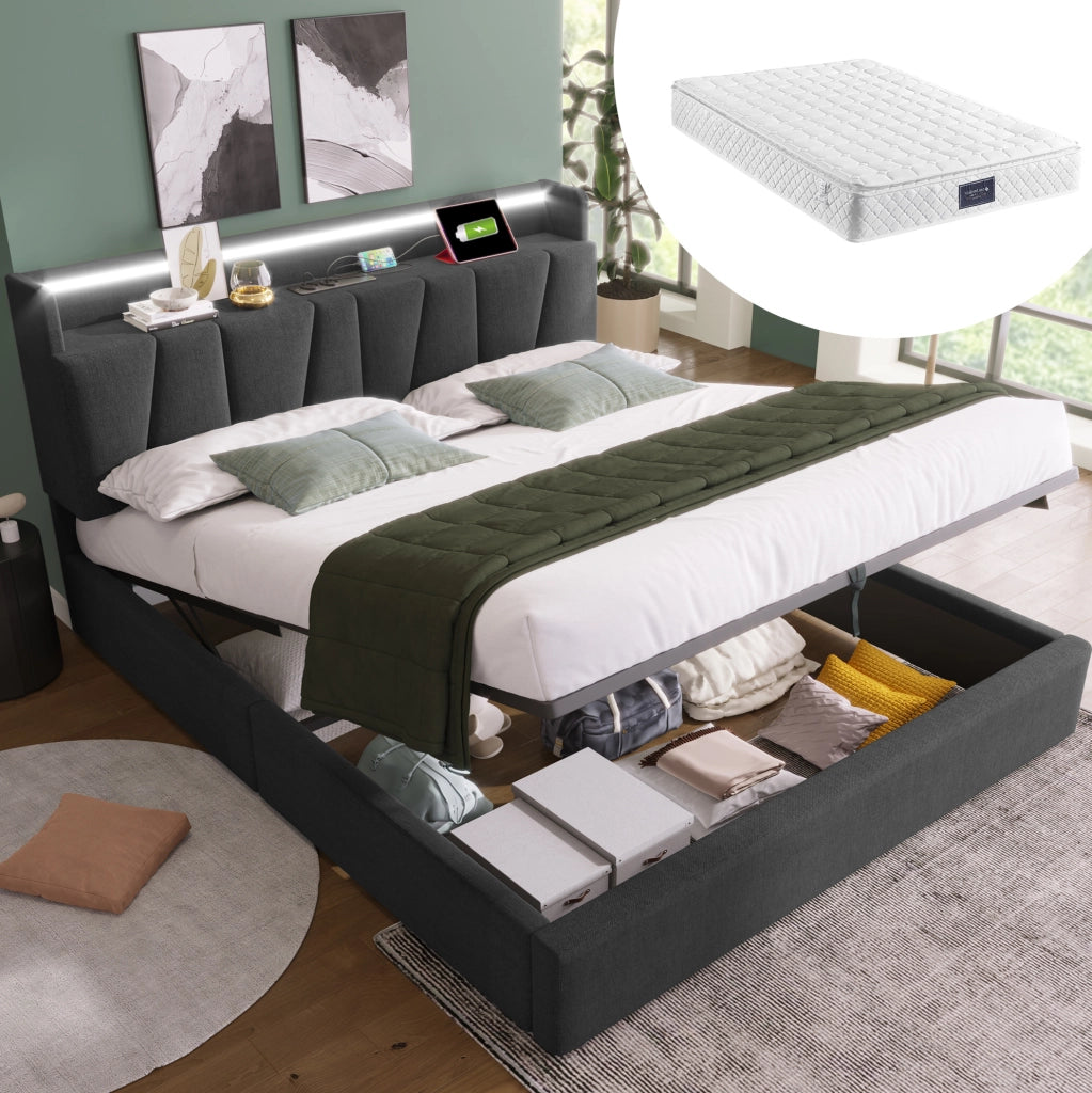 Letto matrimoniale 160x200 cm con LED, USB e contenitore