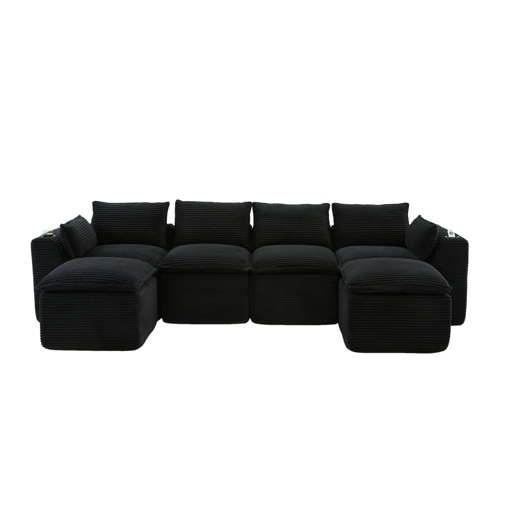 Divano modulare a 4 posti in corduroy nero con tasche laterali e cuscini per soggiorno 322 × 161 × 75 cm