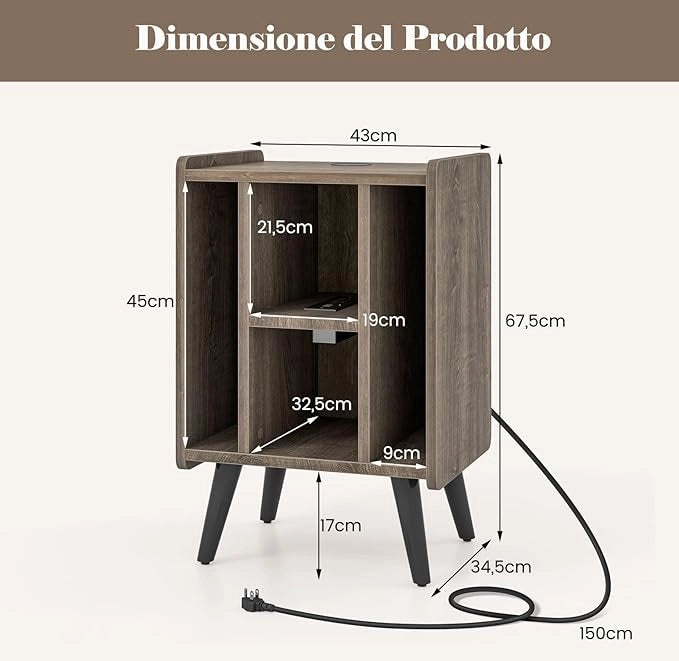Supporto per Giradischi, Porta Vinili con 4 Ripiani Aperti, Presa di Corrente e Porta USB, con Mensole Espositive, per Soggiorno, Camera da Letto e Ufficio, 43 x 34,5 x 67,5 cm (Grigio)