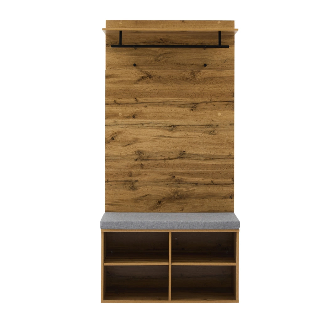 Mobile da ingresso con scarpiera imbottita, ripiano regolabile, asta appendiabiti e 2 ganci, in truciolare, rovere, 84 × 35 × 175 cm