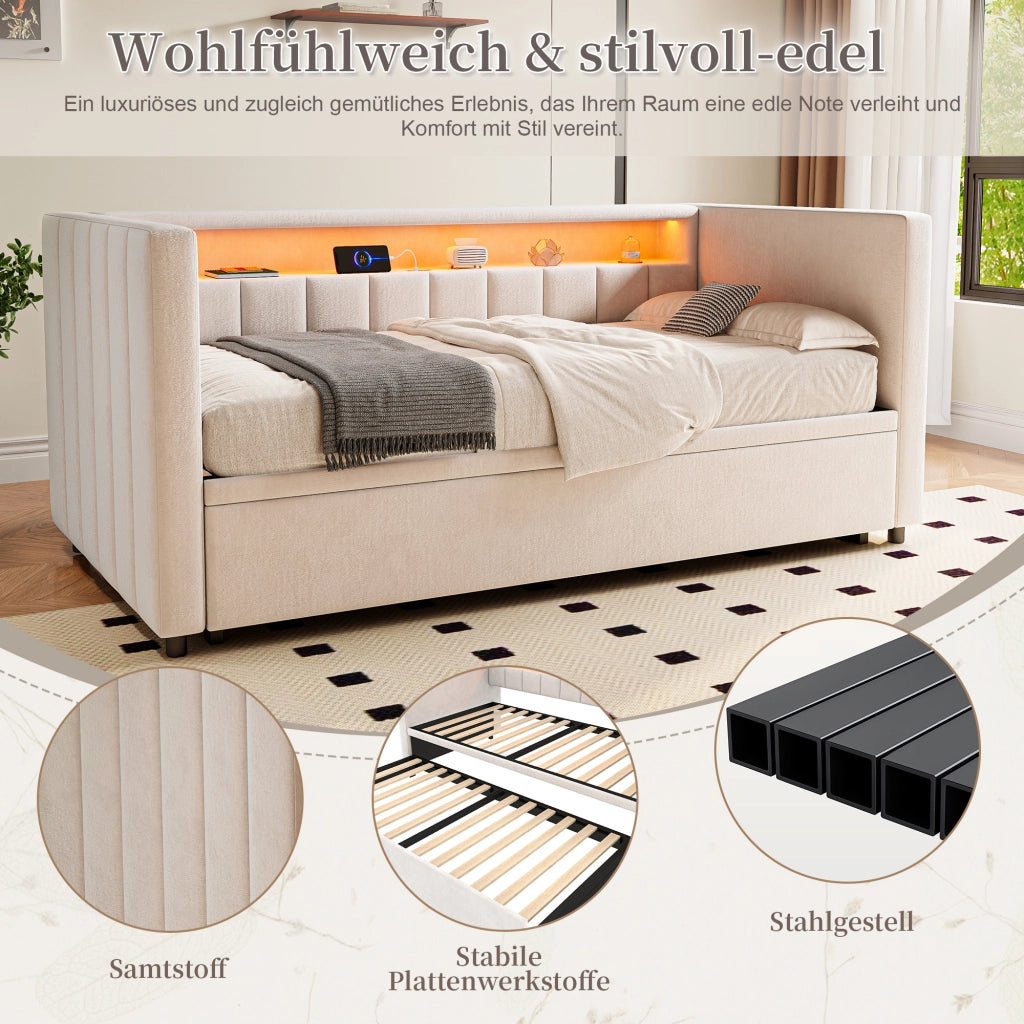 Letto estraibile 90 × 190 cm con LED, USB Type-C, contenitore, senza materasso, in velluto beige