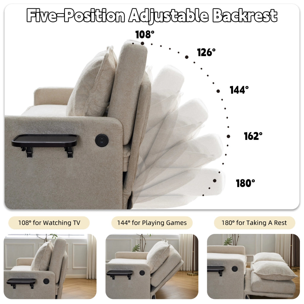 Divano letto con schienale a 5 posizioni, tasche laterali e porta USB/Type-C, in ciniglia beige