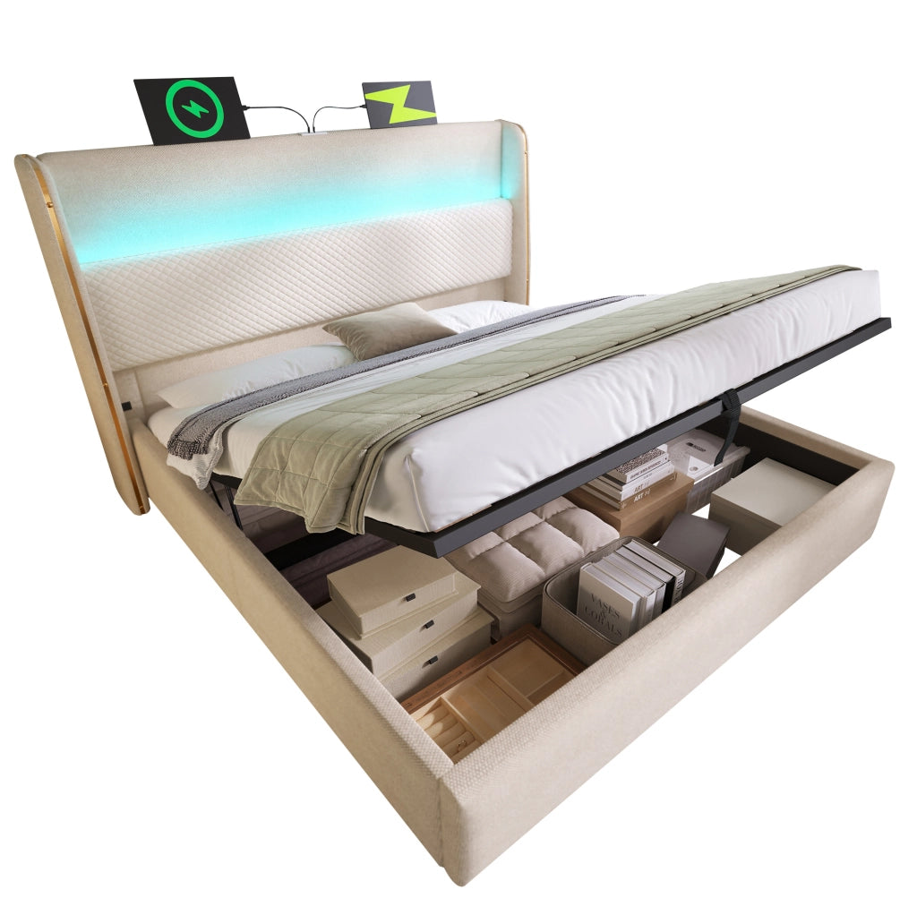 Letto matrimoniale 160x200 cm con testiera alta; contenitore idraulico; LED; USB e Type-C; beige in lino