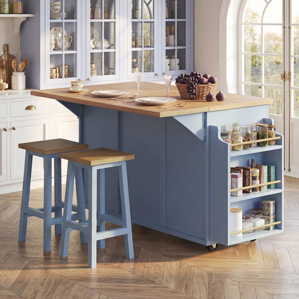 CARRELLO CUCINA con piano ribaltabile 143x75x91 cm Blu MDF e metallo