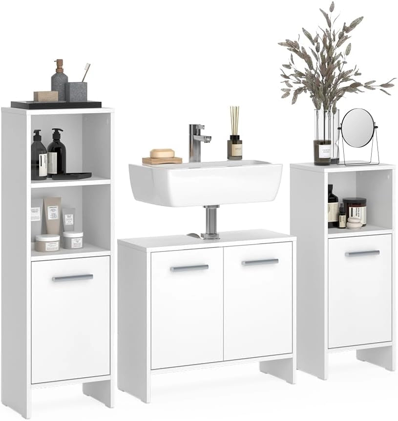 Set di mobili da bagno Karli, Bianco, 63.8 cm, composto da mobile sottolavabo, specchiera e colonna alta