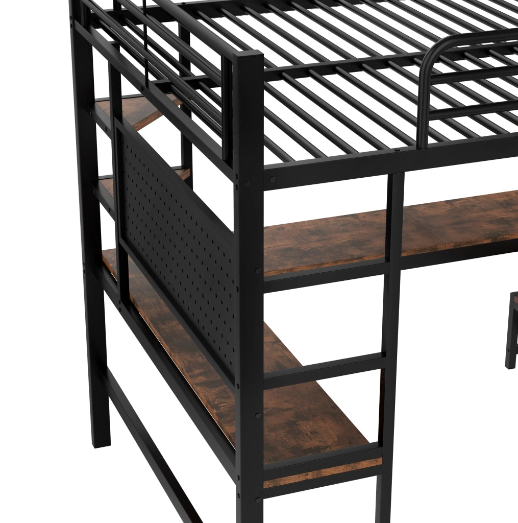 Letto a soppalco 140x200 cm con scrivania e ripiani; in metallo nero (Senza materasso)