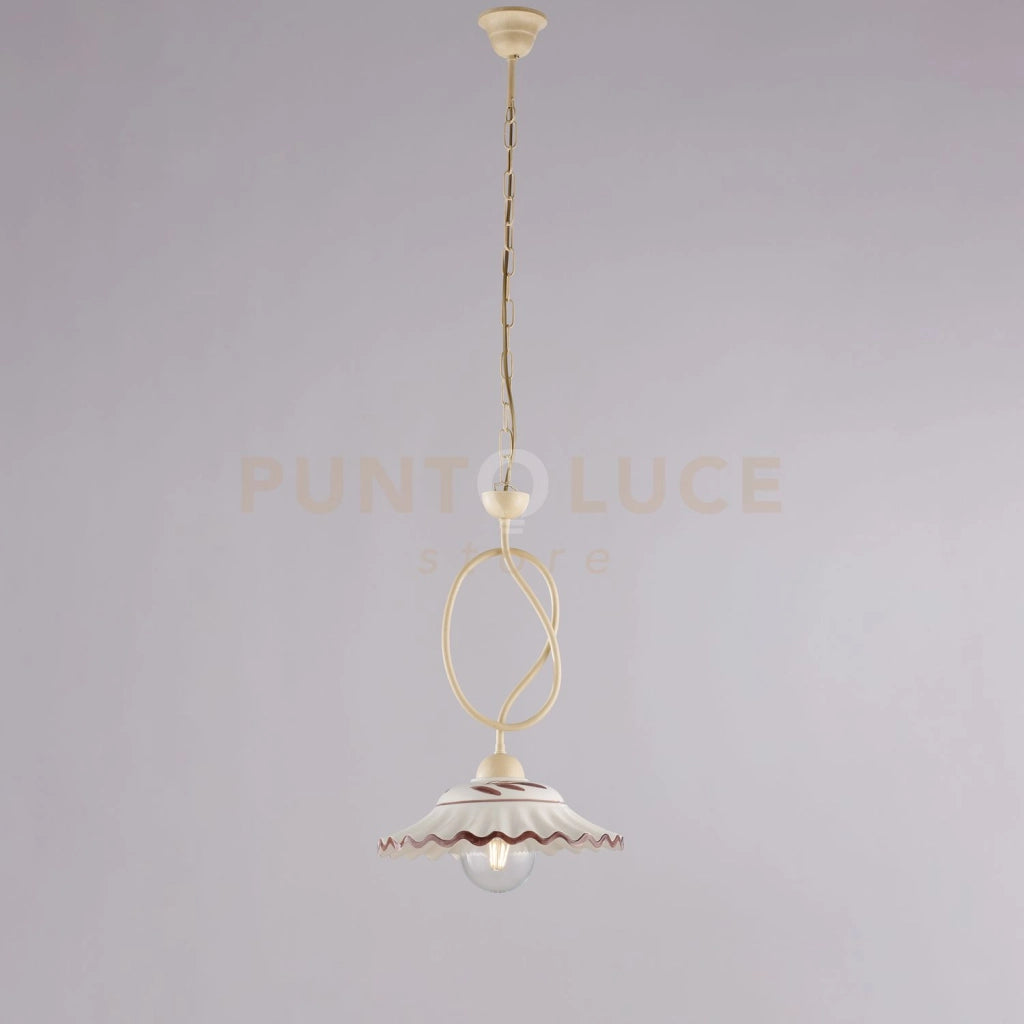 Lampadario in ferro laccato avorio e decorazione effetto decapè con diffusore in ceramica diametro 30 bianco e marrone 1 luce