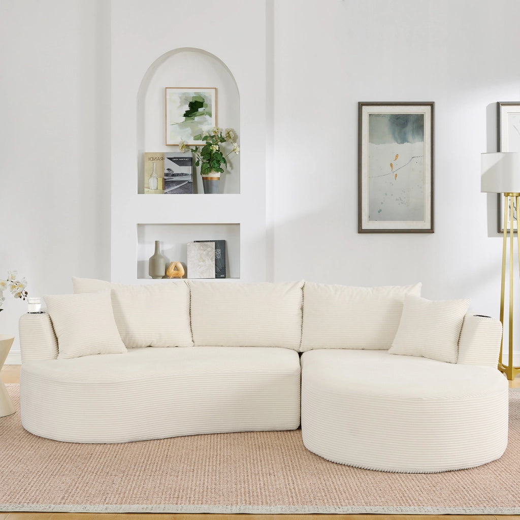 Divano Angolare 3 Posti con Chaise Longue ¨C MINIMAL ¨C Tessuto a Coste, Beige, con Cuscini e Portabicchieri