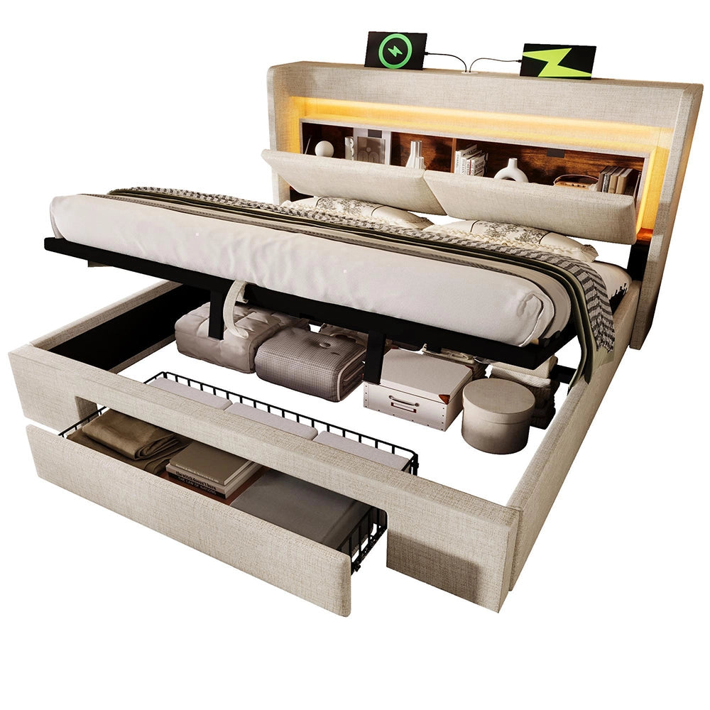Letto imbottito con testiera e contenitore - Xylo - 160x200 cm - Beige - Alzacoperte idraulico, LED, USB