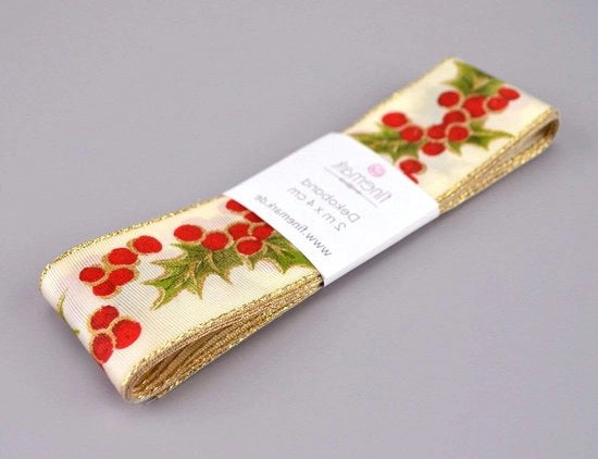 Decoband HOLLY crèmegoud 20 metri - Stoffa di Natale Adventa con bordi di filo Lurex - nastro di carta per cucito Prickly Christmas Ribbon premium - nastro di carta rossogiallo