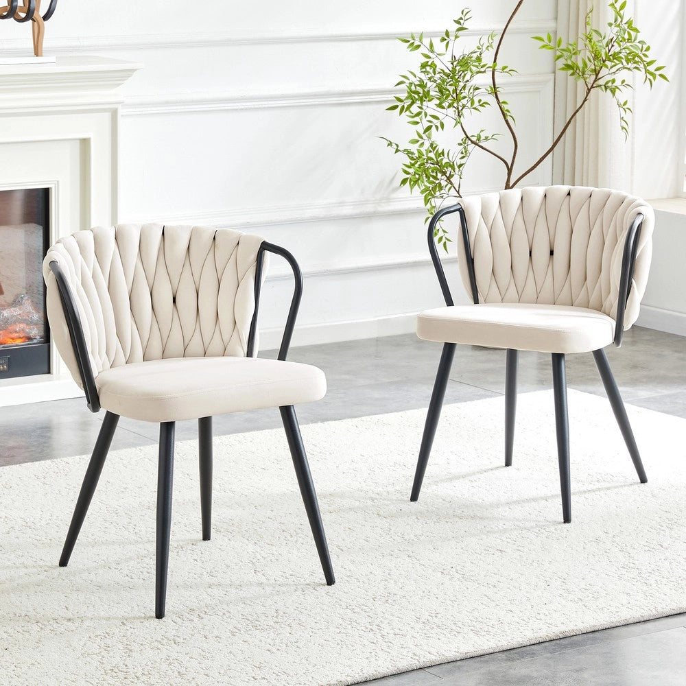Sedia da Pranzo Imbottita in Velluto con Schienale Intrecciato ¨C MINIMAL ¨C Beige/Nero, Gambe in Metallo