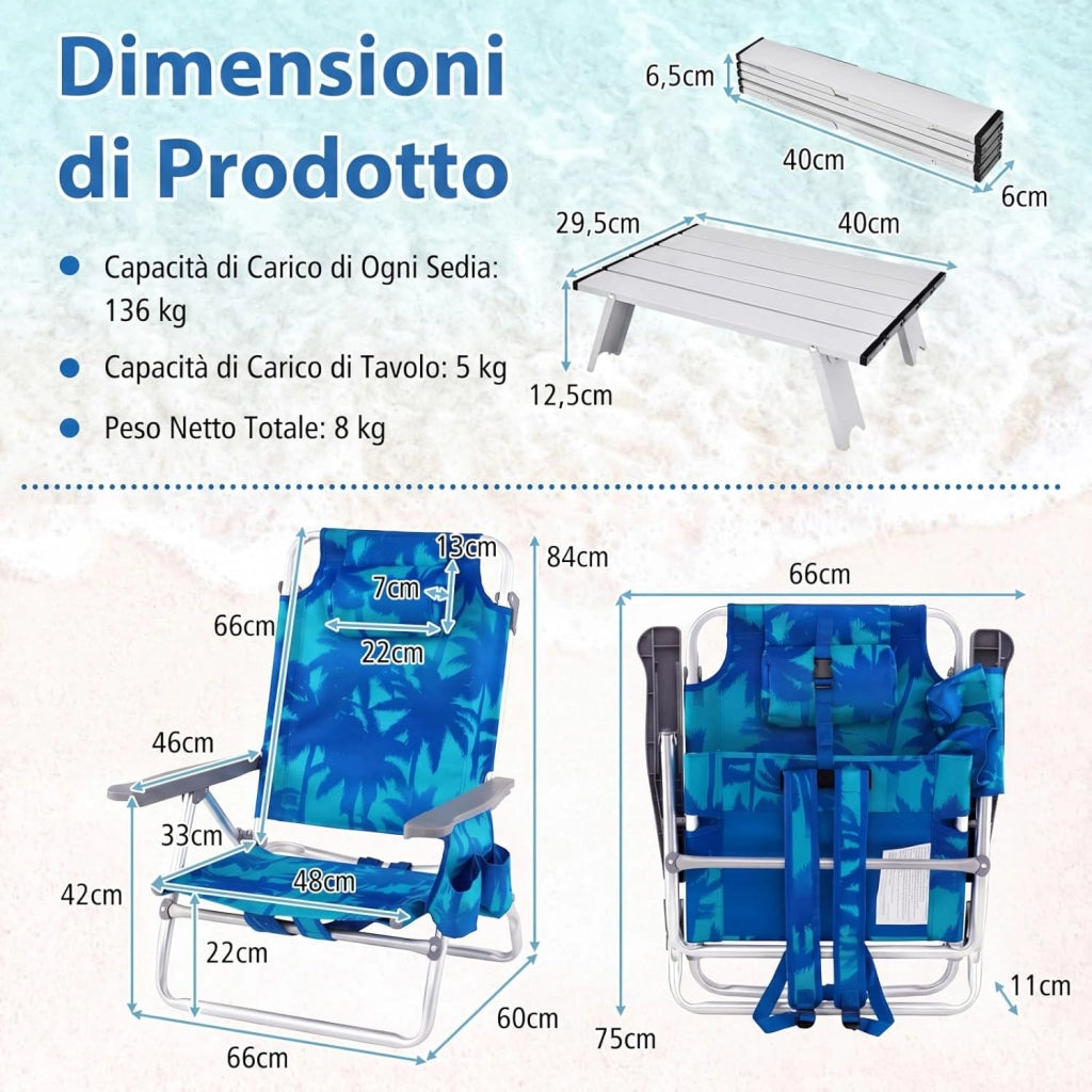 Set di 2 Sedie e Tavolino da Spiaggia Pieghevole, Schienale Regolabile a 5 Livelli, con Portatesta, Borsa Portaoggetti, Borsa Termica, per Campeggio Picnic Esterno (Albero, Modello 2)