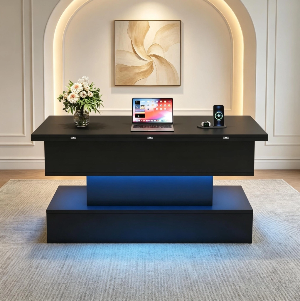 Tavolo elevabile multifunzione con LED e vano contenitore