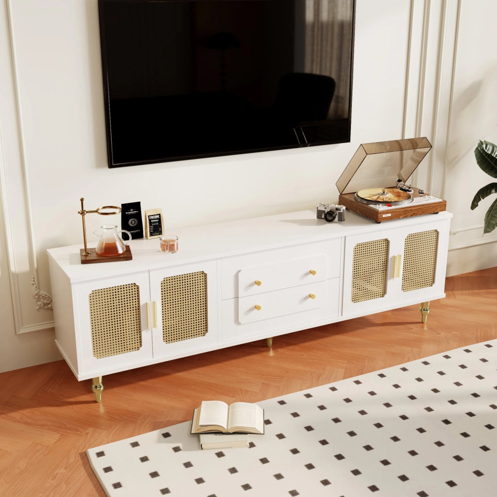 Mobile TV con 4 Ante in Rattan PVC e 2 Cassetti Push-to-Open; Piedini Metallo Dorati; in Pannello Truciolare; Bianco; 175¡Á38¡Á55;5 cm