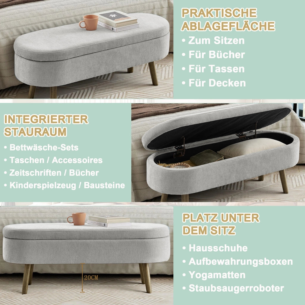 Panca contenitore in tessuto chenille con coperchio ammortizzato e struttura in legno grigio 110 × 40 × 42 cm