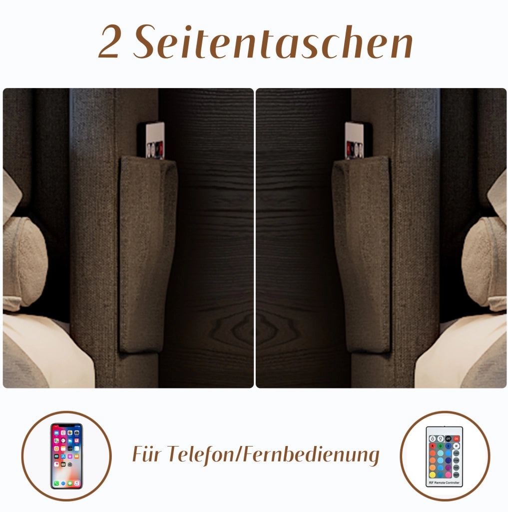 Letto matrimoniale 140x200 cm con contenitore; testiera con prese e LED; in tessuto cotone e lino grigio; con materasso
