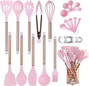 Set di accessori da cucina con supporto, 22 pezzi di accessori da cucina in silicone per pentole antiaderenti, set di spatole resistenti al calore, manico in acciaio inossidabile set di accessori da cucina (rosa)