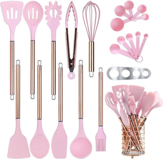 Set di accessori da cucina con supporto, 22 pezzi di accessori da cucina in silicone per pentole antiaderenti, set di spatole resistenti al calore, manico in acciaio inossidabile set di accessori da cucina (rosa)