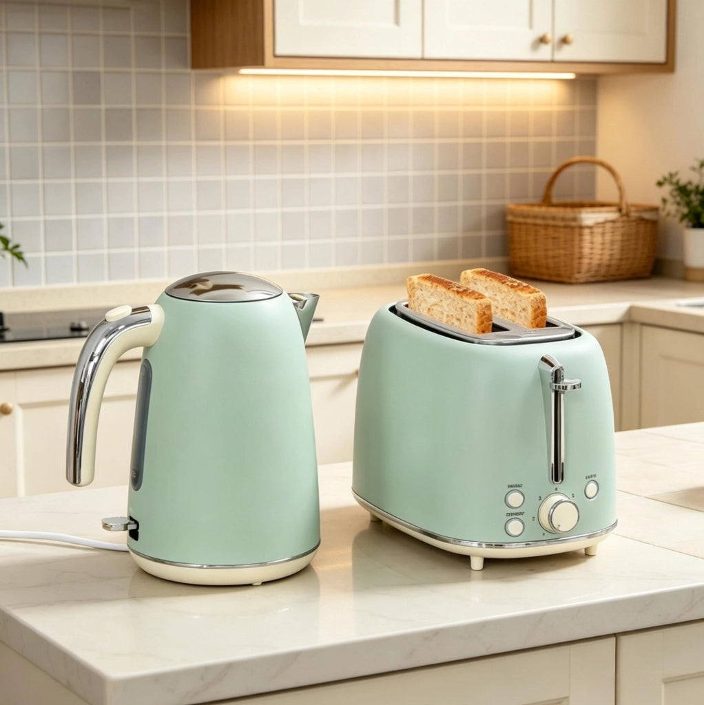 Set bollitore elettrico e tostapane ULEVR 1,7 L, 2200 W, 7 livelli di doratura, verde chiaro e argento