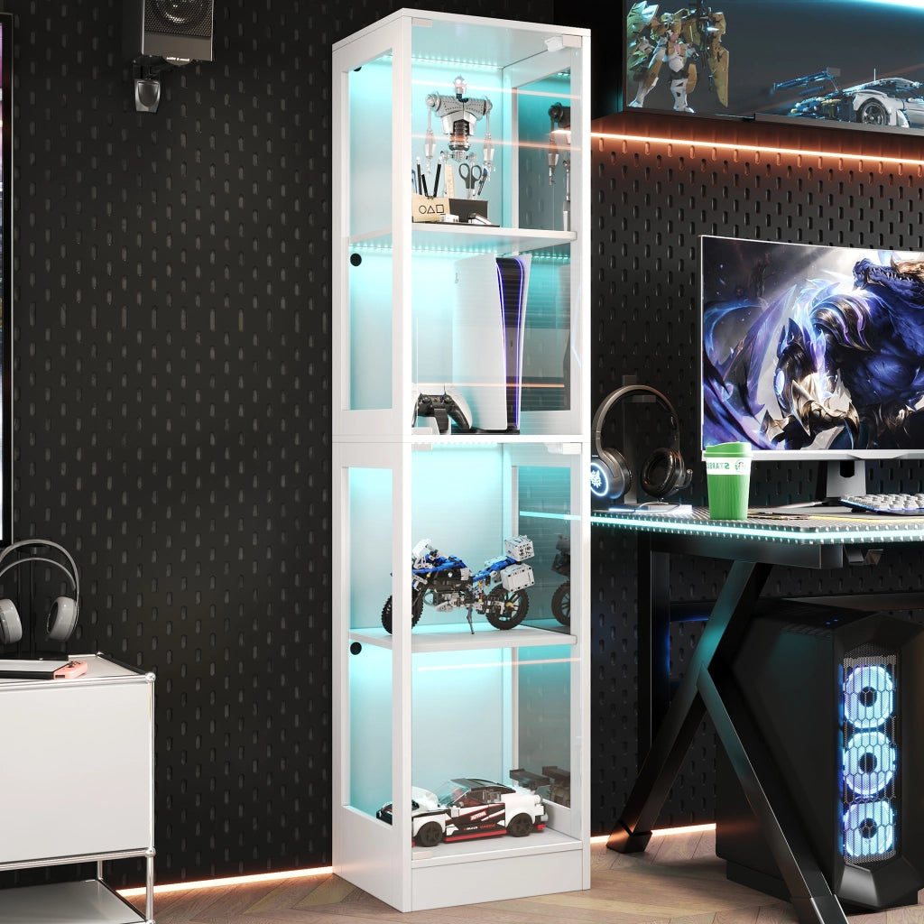Vetrina Espositiva a LED con Vetro Temperato ¨C MINIMAL ¨C Bianco, 4 Ripiani, 40x35x170 cm