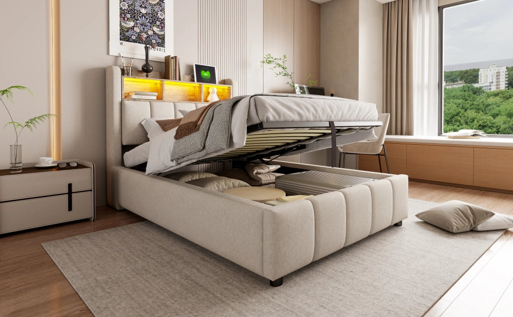 DESMIU Letto singolo 90 × 200 cm con LED, USB, Type-C, vano idraulico, senza materasso, beige