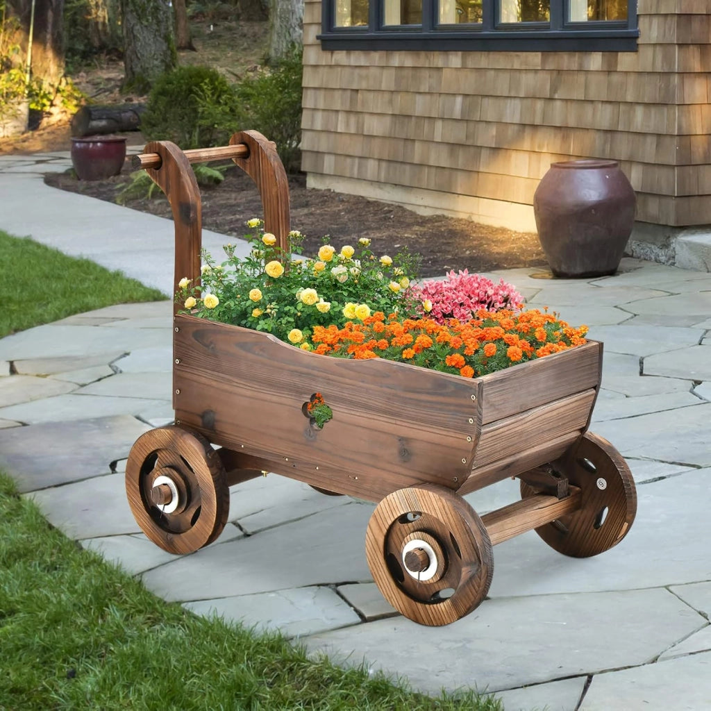 Fioriera da Esterno in Legno a Forma di Carrello, Carriola Portafiori con 4 Ruote, Maniglia e Foro di Drenaggio, Carrello Decorativo da Interno ed Esterno, per Patio, Giardino e Balcone