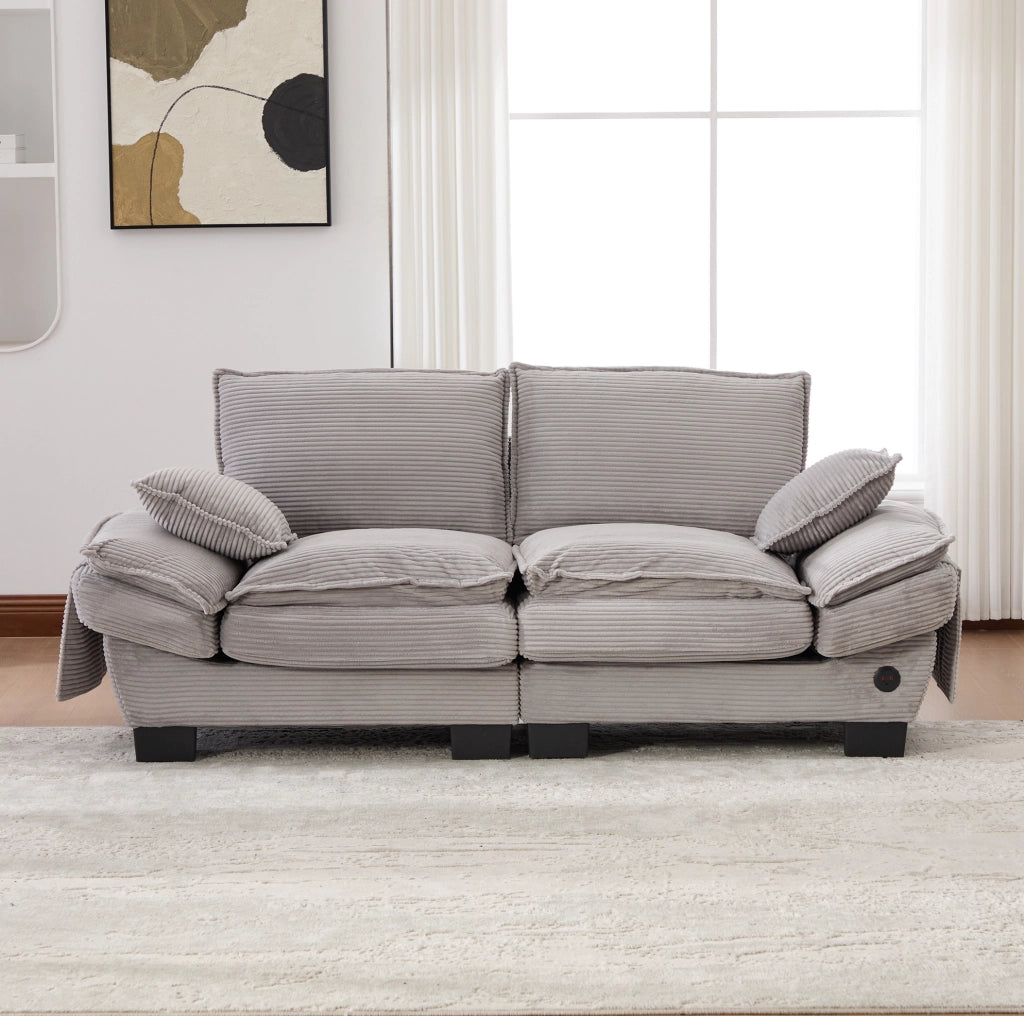 Divano 2 posti in tessuto corduroy grigio chiaro; 190x73x84 cm; con porta USB-C e tasche laterali