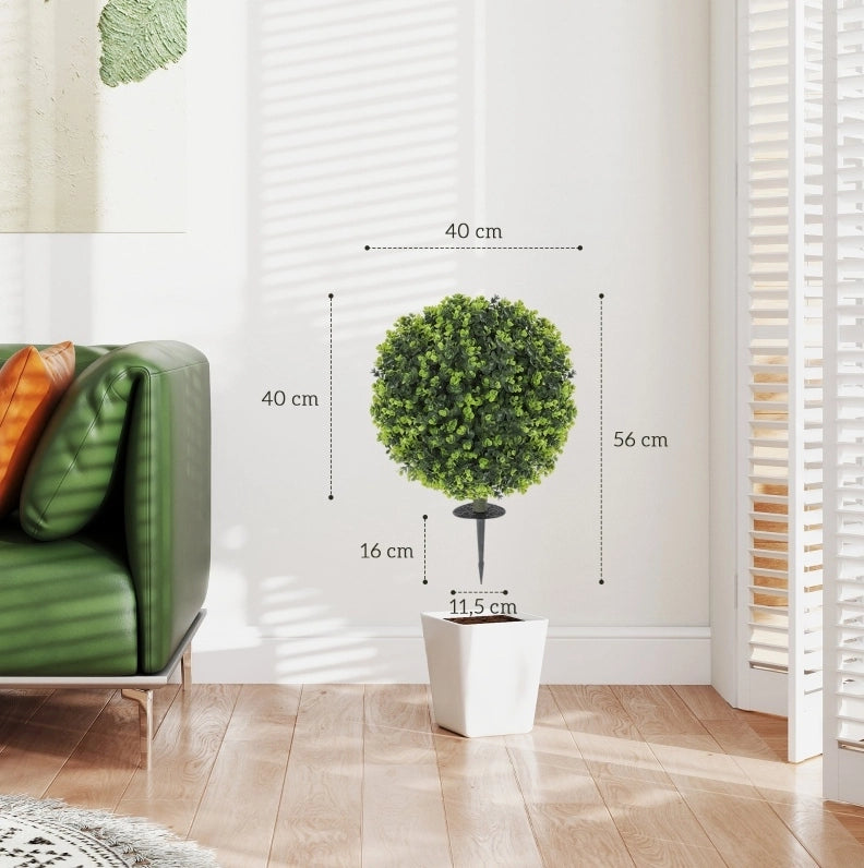 Set di 2 Piante Artificiali a Sfera di Bosso, Verde, con Asta per il Terreno, per Interni ed Esterni