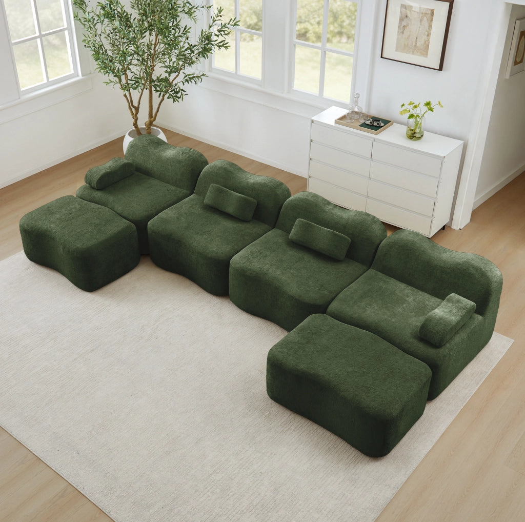 Divano modulare a U per soggiorno 384x167x70 cm in velluto verde; senza struttura interna