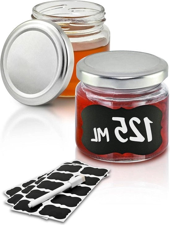 25 contenitori per confetture Piccoli 125 ml - Con etichette e pennarellino - Erettro a vuoto - Resistente al lavastoviglie - Ideali per regali contenitori per confetture con coperchio