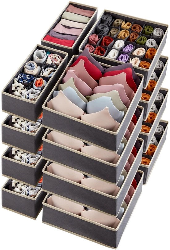Organizzatori per la gestione degli abiti interni, 16 pezzi, cassetti ripiegabili e contenitori per la conservazione di lingerie, reggiseni e sottovesti, grigio