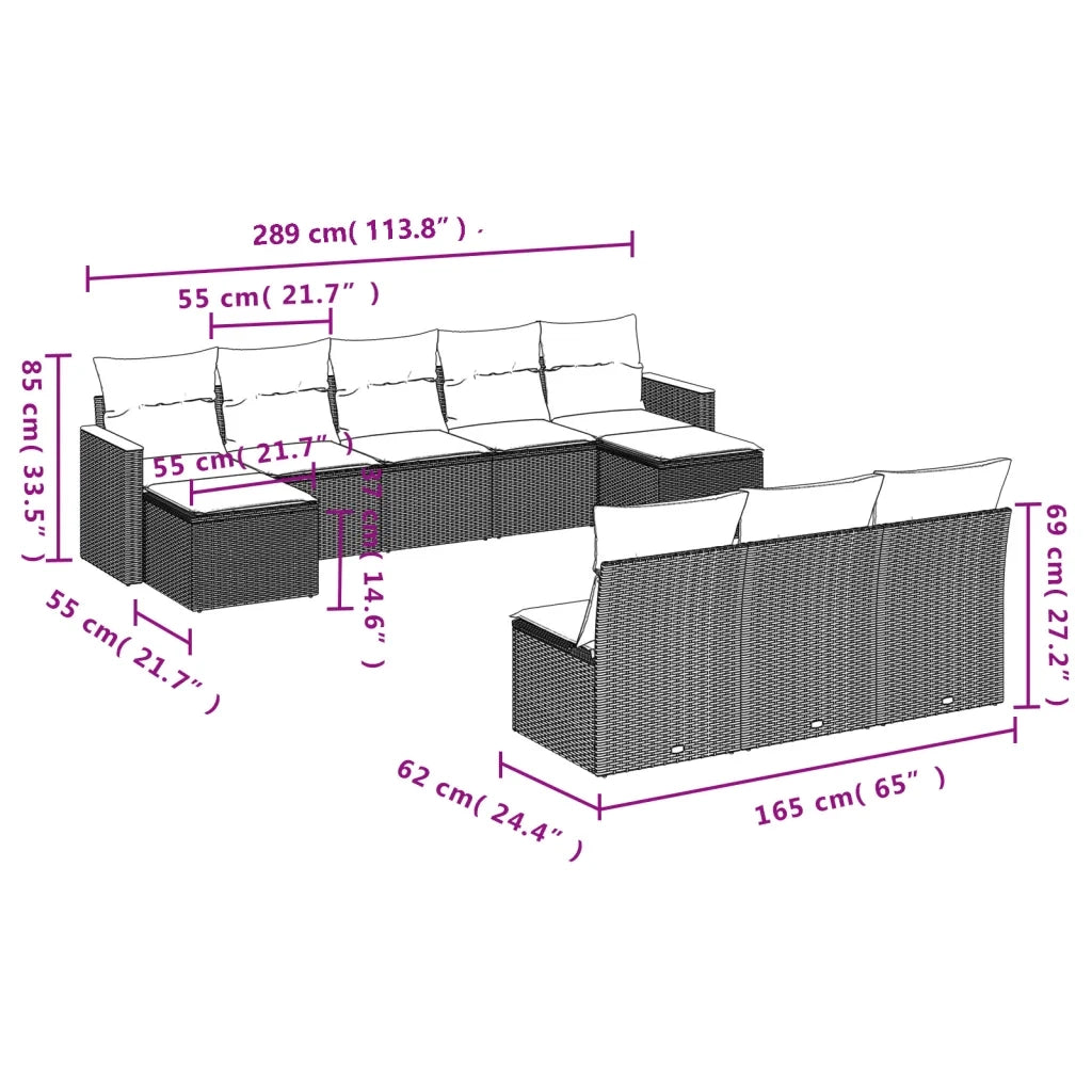 Set Divano da Giardino 10 pz con Cuscini Beige in Polyrattan