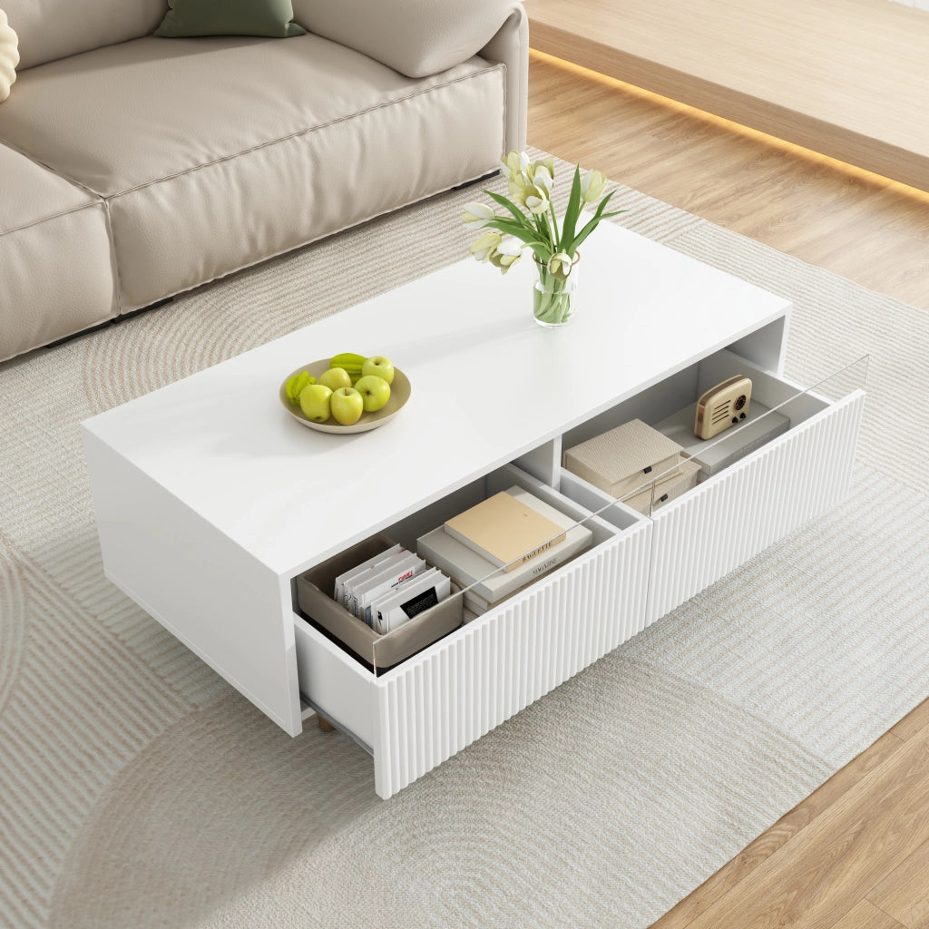 Tavolino da caffè con 2 Cassetti e LED 7 Colori; Frontale Ondulato; Gambe Legno Massello Oro-Bianco; MDF; Bianco