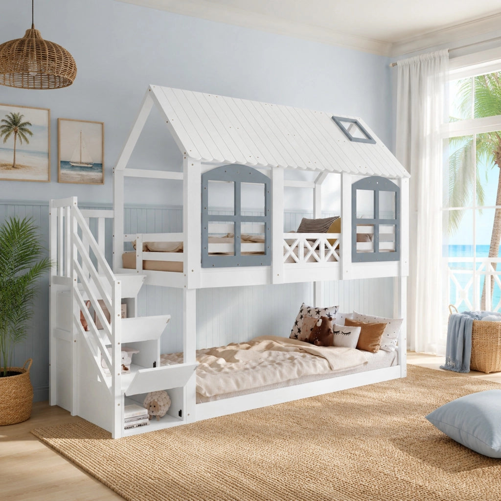 Letto a castello per bambini con scala contenitore 90x200 cm