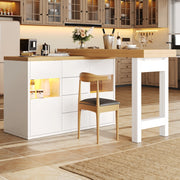 Isola cucina girevole 120-197 cm con LED RGB, 4 cassetti e ante in vetro, bianco