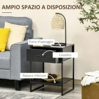 Set 2 Comodini Moderni, 2 Comodini da Camera da Letto e Soggiorno, con Cassetto e Ripiano Aperto, Design Moderno, in MDF e Acciaio, 45x40x60cm, Nero