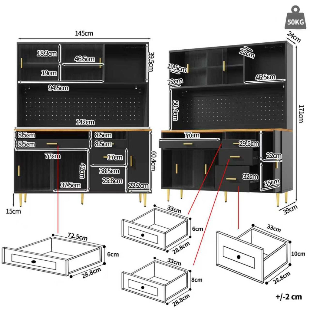 Credenza Alta da Cucina con 2 Ante Scorrevoli in Vetro; Ripiani Regolabili e LED; in MDF; 145×39×171 cm; Nero