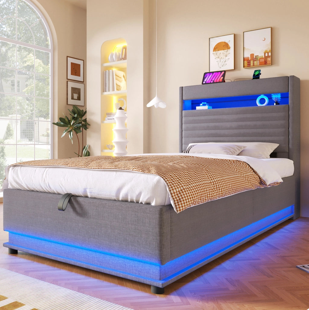 Letto imbottito 90x200 cm in lino grigio con contenitore idraulico; LED e porte USB