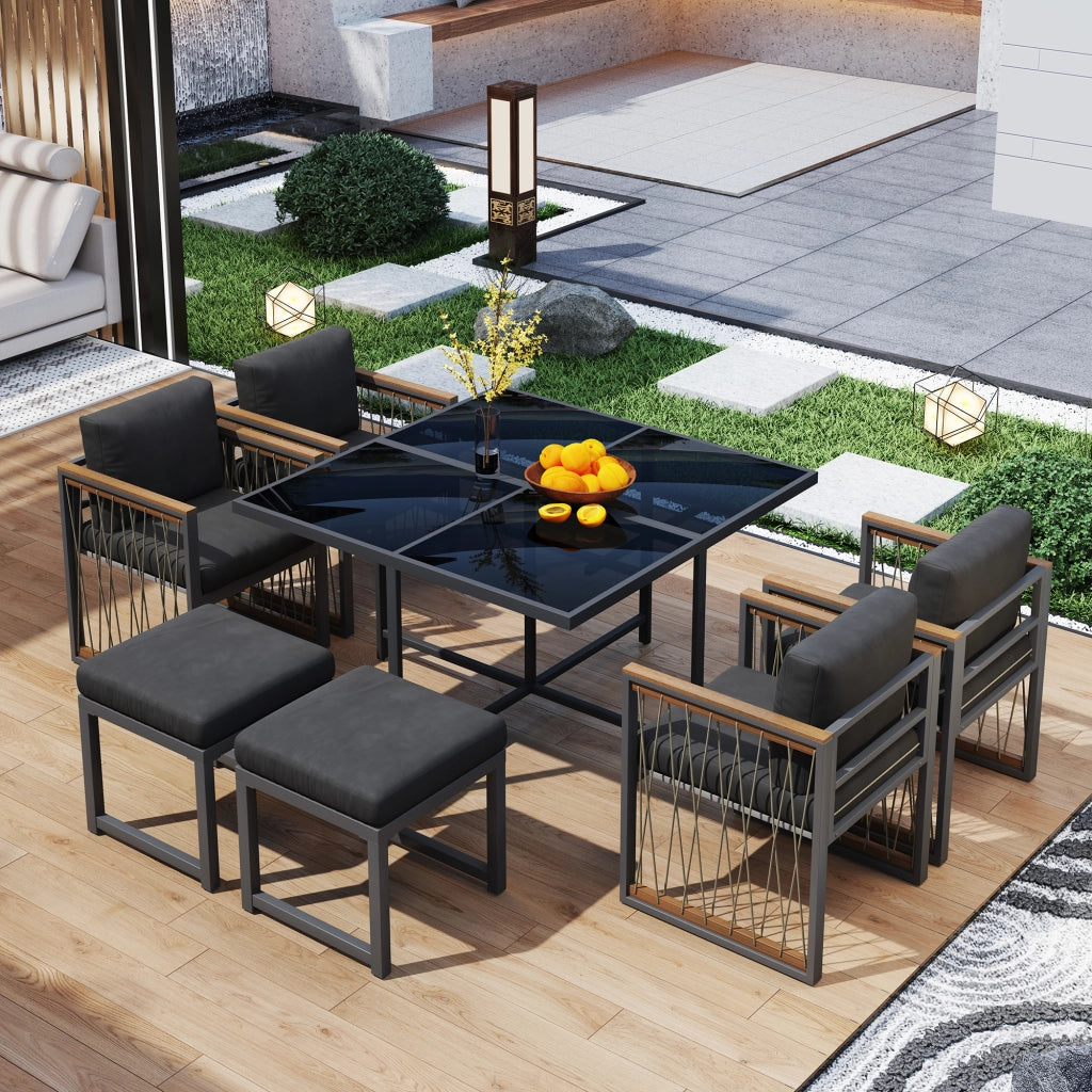 Set Tavolo e Sedie da Giardino 7 Pezzi per 6 Persone ¨C MINIMAL ¨C Piano in Vetro, Polyrattan e Legno