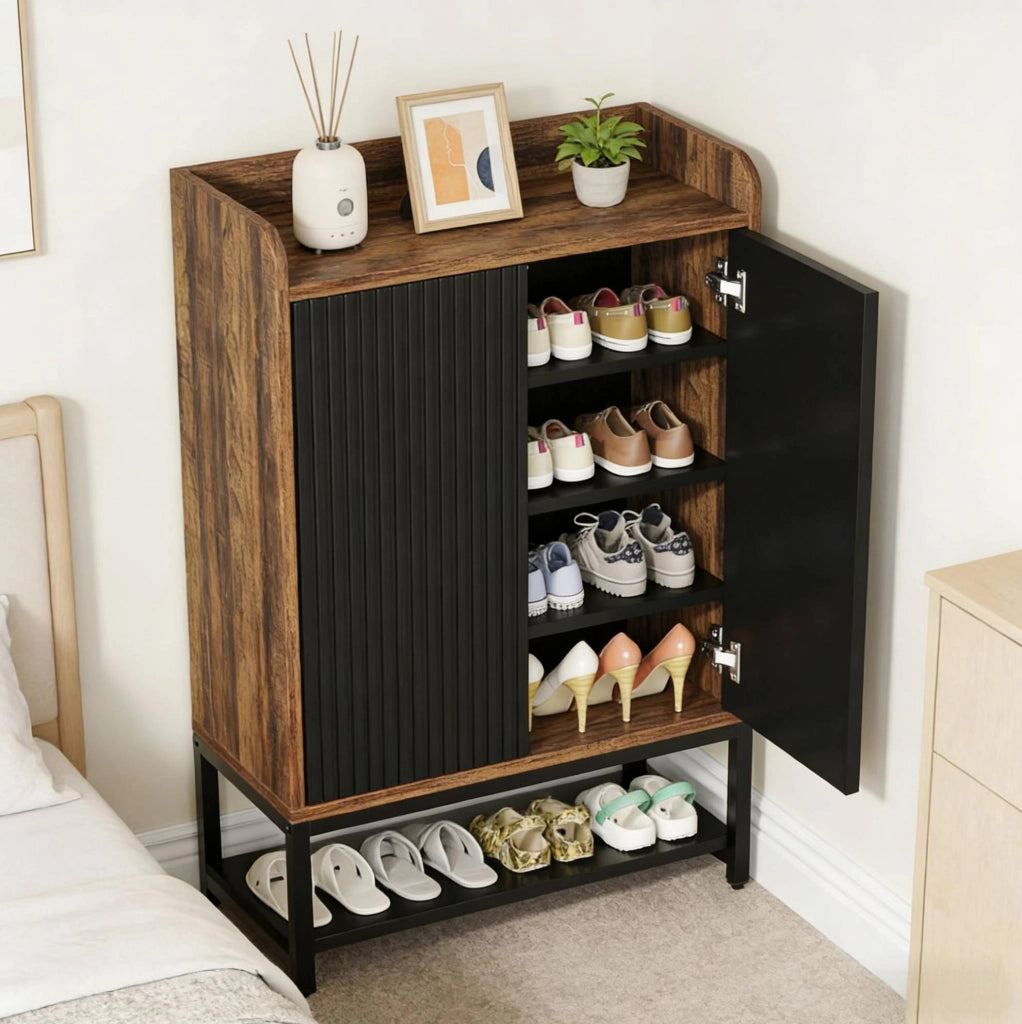 Scarpiera con 5 ripiani; ante push-to-open; 73 x 35 x 105;5 cm; nero e marrone rustico