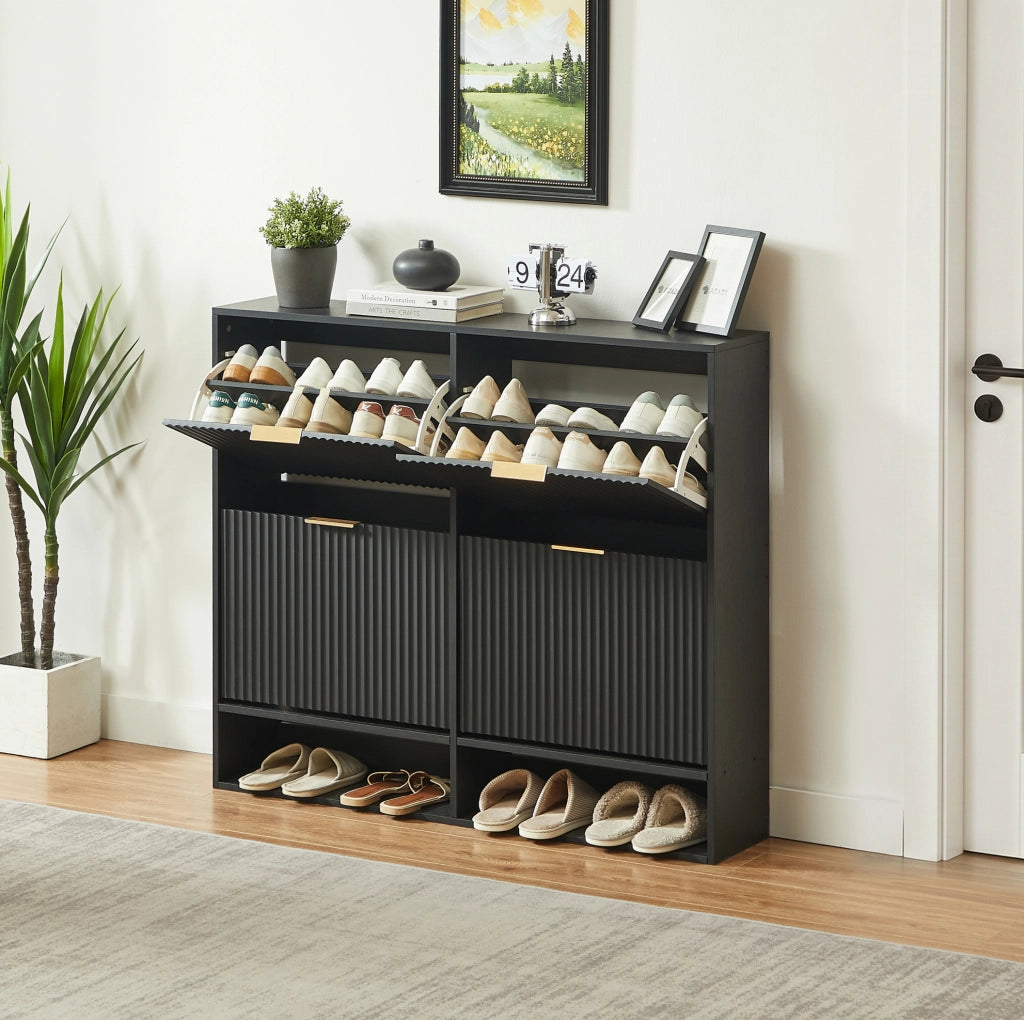 Scarpiera stretta 120x24x102 cm in MDF e metallo nero， per ingresso